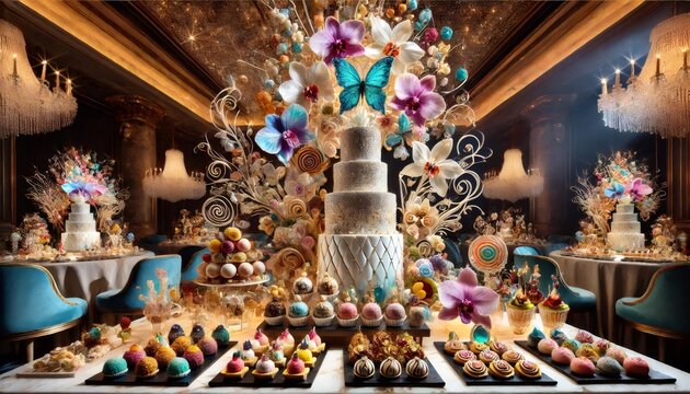 Luxurious dessert table displaying wedding cake, pastries, and floral decorations