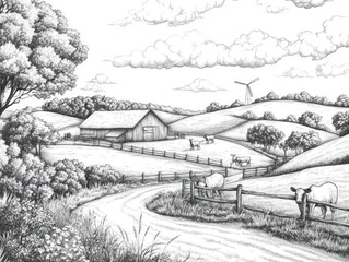 Obraz premium Peaceful rural landscape; barn, cows, windmill.