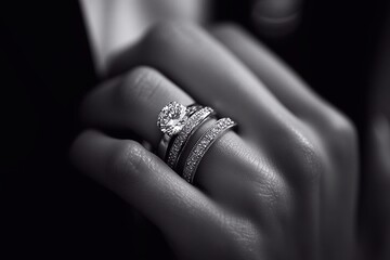 black and white photo of a woman's hand with beautiful rings on her finger, close-up