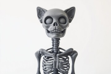 A bony figure with a cat's skull atop, eerie and macabre