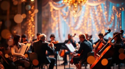 a band plays in front of a stage with a conductor in the background