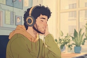 A lofi animation of a guy listening to music in a tranquil, seamless loop.