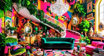 Fototapeta premium A vibrant maximalist-inspired interior scene overflowing with lush greenery, vintage decorative objects, 