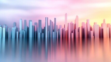 Skyline of a futuristic cityscape with tall skyscrapers reflecting in water, AI