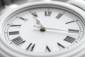 A detailed shot of a clock featuring Roman numerals and minimalistic design