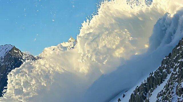 Witness an avalanche as it roars down a steep mountain slope, creating a stunning display of snow and ice against a backdrop of majestic peaks under a clear blue sky.