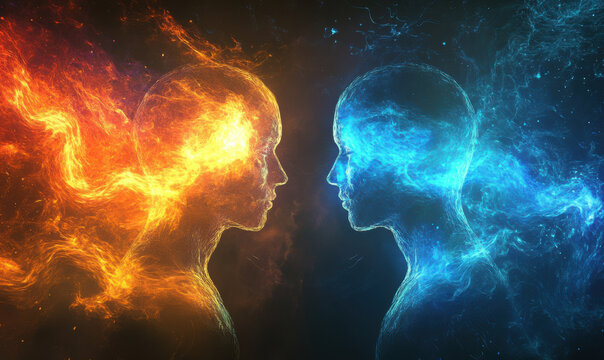 Two glowing human silhouettes facing each other, surrounded by swirling energy waves in vibrant colors.