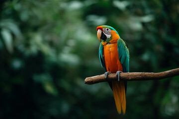 Obraz premium Colorful parrot perched on branch in lush rainforest