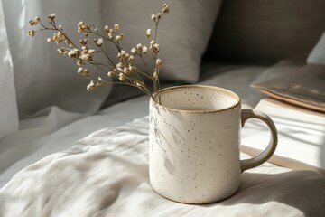 A simple and elegant white ceramic mug, minimalistic in appearance.