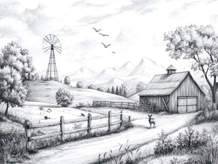 Fototapeta premium Serene grayscale farm scene; windmill, barn, animal.