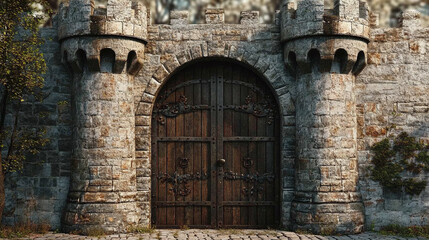 Ancient stone castle door architecture, isolated medieval wooden old gate, arched entrance to historic building, vintage palace facade with ornate iron gates, fortress doorway.