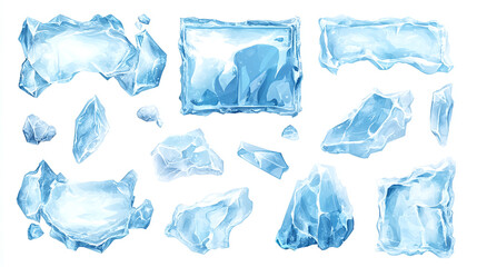 Fototapeta premium Ice frame isolated, frozen border effect, blue cold design, white winter texture, frosty graphic elements, snow pattern backdrop, cracked icy decoration, cool arctic illustration set jpg.