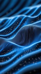 Blue abstract waves and dots create a futuristic digital landscape, evoking technology and innovation, AI