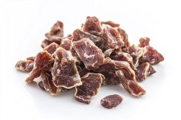 A pile of raw meat sits on a white surface, suitable for use in food or medical imagery