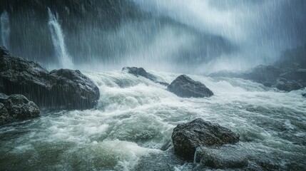 A river tumbling over rocks, mist rising as heavy rain pours down, creating a powerful and moody scene.