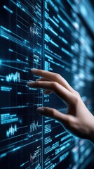 Hand interacting with digital interface, showcasing futuristic technology and data, AI