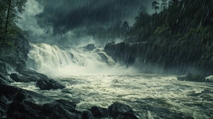 A river tumbling over rocks, mist rising as heavy rain pours down, creating a powerful and moody scene.