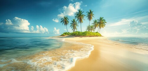 A small, secluded island with a pristine beach, coconut trees, and light waves gently washing ashore.