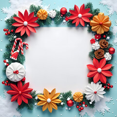 Merry Christmas greetings Happy New Year wishes and Xmas elegant Christmas card, banner, floral frames, gift boxes, Santa Claus, Christmas decor and blank card on a white background. Space for text.