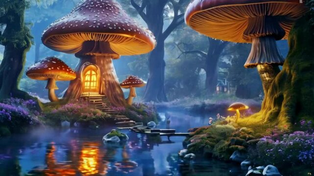 Fairy Mushroom Village: Enchanting mushroom houses glowing softly in a magical forest under the night sky.