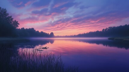 Fototapeta premium A serene lake at sunset, reflecting colorful clouds and surrounded by trees.