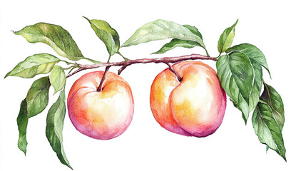Watercolor peach illustration isolated, painted fruit with leaf, juicy botanical artwork, fresh organic peach branch, hand drawn nectarine design, artistic fruit sketch, healthy and sweet.