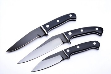 Fototapeta premium Three knives placed together on a clean white surface