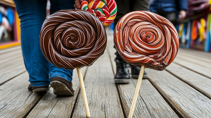 A whimsical candyland boardwalk with a couple walking hand in hand, holding chocolate lollipops, surrounded by bright colors, selective focus on foreground, copy space for text, ultra HD, 