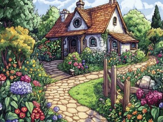 Stone path, cottage, blooming flower garden.