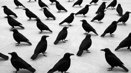 Fototapeta premium Crows gathered on a tiled surface, showcasing their sleek black feathers and sharp beaks, AI