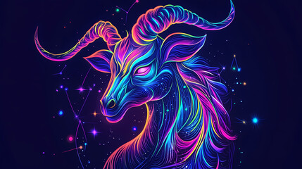 Vibrant neon capricorn zodiac illustration, retro futuristic design. Celestia. Illustration