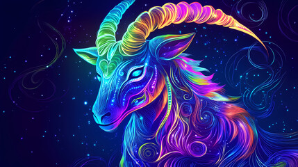 Vibrant neon capricorn zodiac illustration, retro futuristic design. Celestia. Illustration