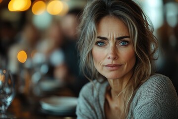 Obraz premium A woman sitting at a table with a glass of wine, great for restaurant or party use