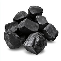 Obraz premium A visually striking configuration of floating charcoal pieces over a white, isolated background, showcasing their texture and form, perfectly suited for sustainability or natural resource-themed