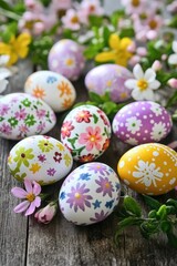 Fototapeta premium Colorful Easter eggs with various decorations, displayed on a table for display or gift-giving