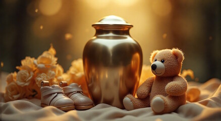Golden urn with teddy bear, baby shoes, and flowers in warm light. Concept for child memorial, love, and eternal remembrance