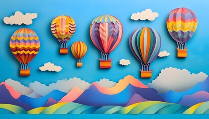 Fototapeta premium A paper cut illustration of hot air balloons in various colors on a blue sky