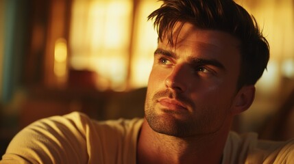 A cinematic close-up of a man with a contemplative expression, sitting in a living room bathed in golden evening light, subtle reflections on his face