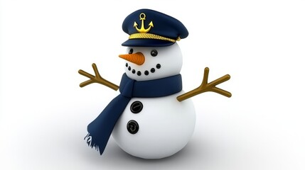 A snowman with a cheerful expression, donning a navy blue hat featuring an anchor design and a coordinating scarf, against a clean white background. Perfect for winter themes and festive