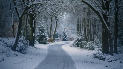 Serene Winter Pathway Through Snow-Covered Trees. A tranquil winter scene featuring a winding path surrounded by snow-laden trees and colorful decorations in a peaceful forest setting.