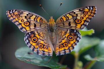 Obraz premium A close-up shot of a butterfly sitting on a leaf, showcasing its colors and patterns