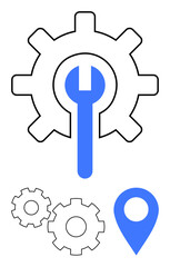 Central gear with wrench inside surrounded by two smaller gears and a blue locator pin. Ideal for maintenance, settings, repair services, technical support, geolocation, engineering, IT management