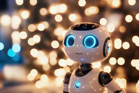 A cute robot depicted on a digital card, marking a joyful occasion with advanced AI and charming, playful design elements.