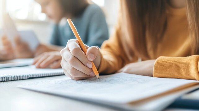 Focused students in classroom completing assignments with pencils and notebooks