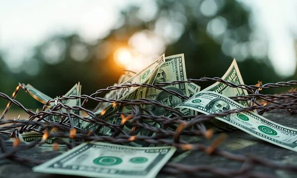US dollar bills entangled in barbed wire fence outdoors at sunset.