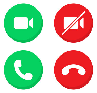 Video call and mute icons button set with answer and reject phone call icon button green and red color with shadow. Collection of buttons for the phone call user isolated. Vector illustration.