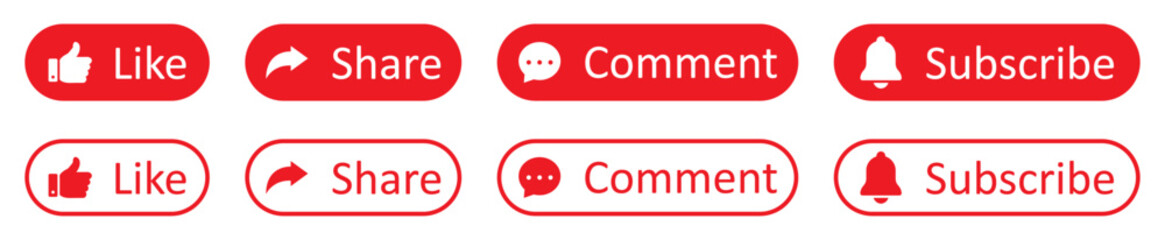Like, Share, subscribe and comment icons buttons set with red color. Like, thumb up, comment, repost and share icon buttons. Social media vector icons flat and outline style. Vector illustration.