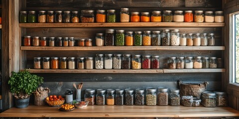 Organized pantry with glass jars filled with various spices, grains, beans, and herbs on wooden shelves.