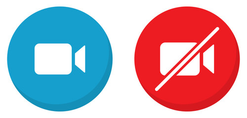 Video call and mute vector icon set. Mute video call icons button set in blue and red color with shadow. On and off video call icons buttons isolated. Flat design. Vector illustration.