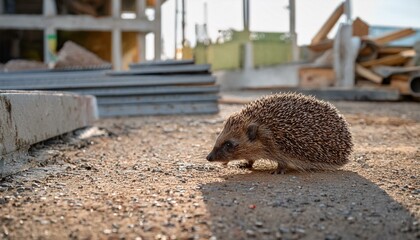 Lonely scene of a hedgehog wandering around with no place to go near a construction site